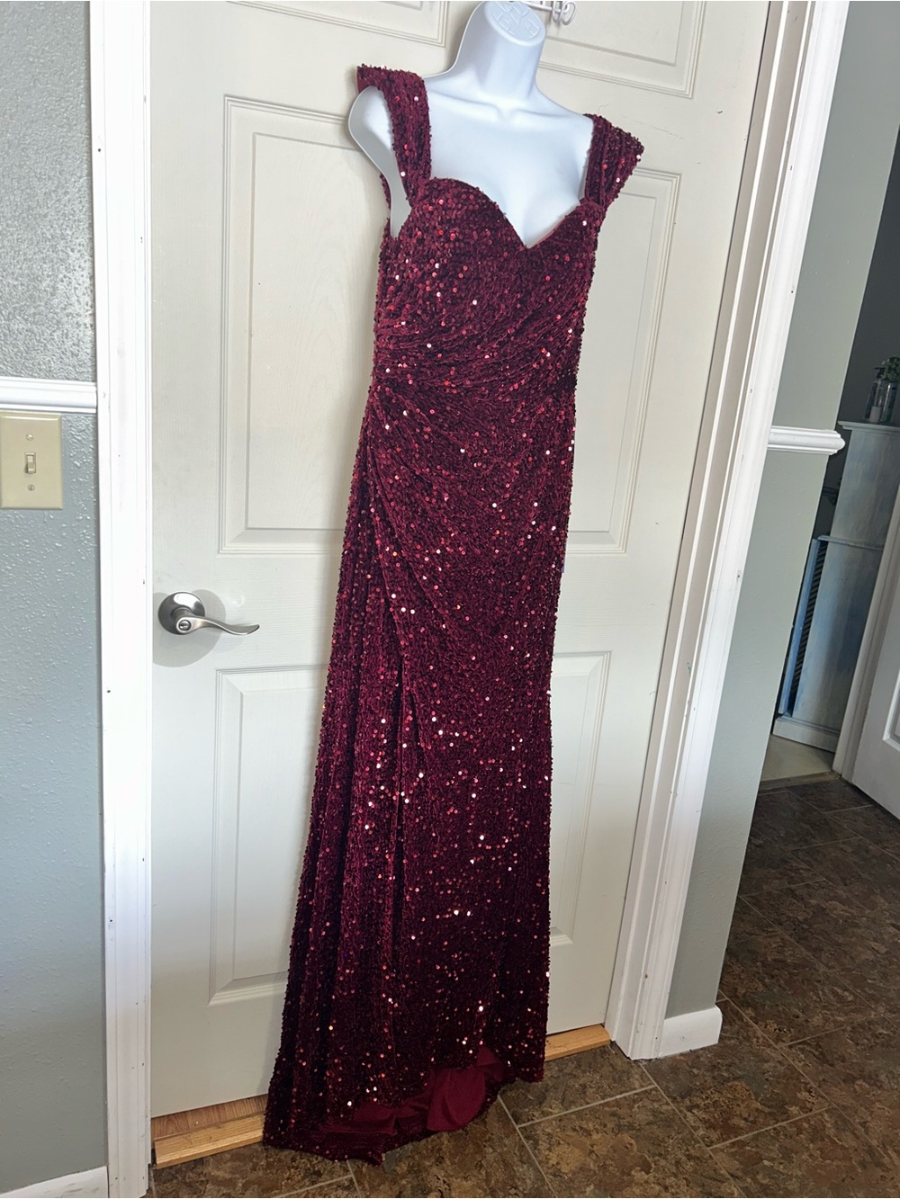 Elegant Women's Crushed Velvet with Sequin Evening Gown - Burgundy